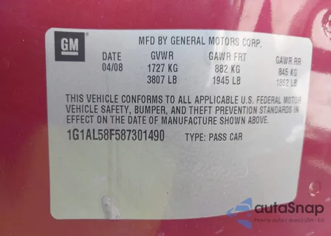 2008 Chevrolet Cobalt Lt z USA, uszkodzony, nr VIN 1G1AL58F587301490